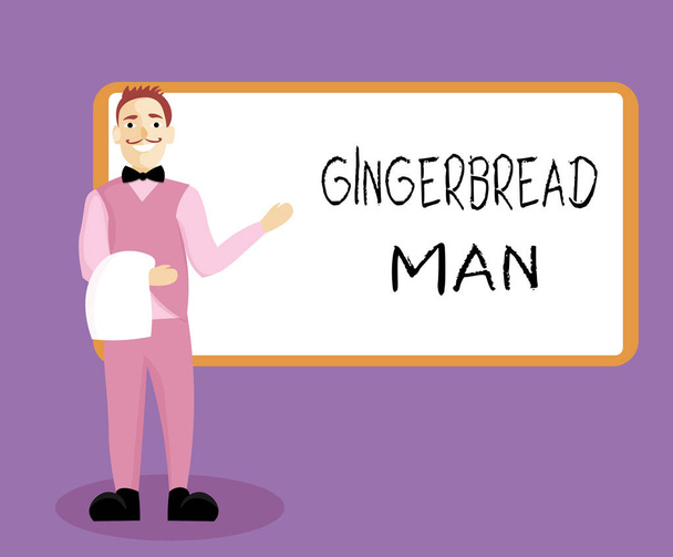 Piśmie Uwaga Wyświetlono Gingerbread Man Business cookie formacie prezentującym zdjęcie wykonane z piernika, zwykle w kształcie człowieka - Zdjęcie, obraz