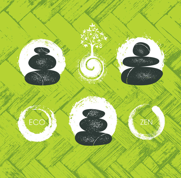 Αφίσα ευεξίας Eco Zen με πέτρες και δέντρο σε πράσινο φόντο - Διάνυσμα, εικόνα
