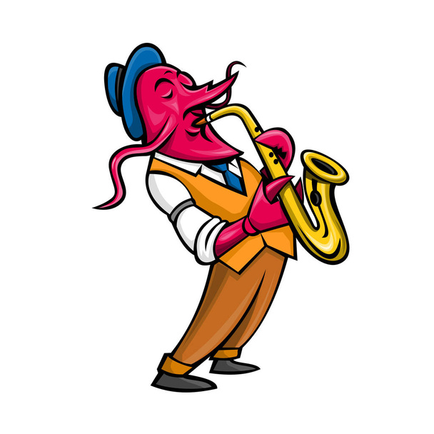 Mascot icon illustration of a crayfish,crawfish, crawdads, freshwater lobsters, mountain lobsters, mudbugs or yabbies playing the saxophone side view isolated background in retro style. - Vector, Image