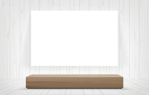 Wood bench and white canvas frame in room space background. Vector illustration. - Vector, Image