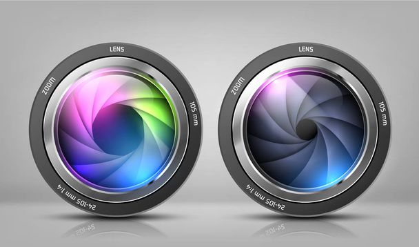 Vector realistic clipart with two camera lenses, photo objectives with zoom isolated on background. Optical system for photographic devices, modern equipment to make professional shots - Vector, Image