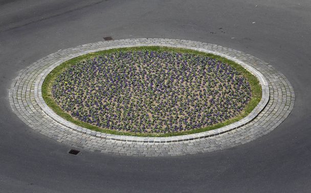 Zielona oaza z kwiatami na drogę asfaltową w centrum Zagrzeb, Chorwacja - Zdjęcie, obraz