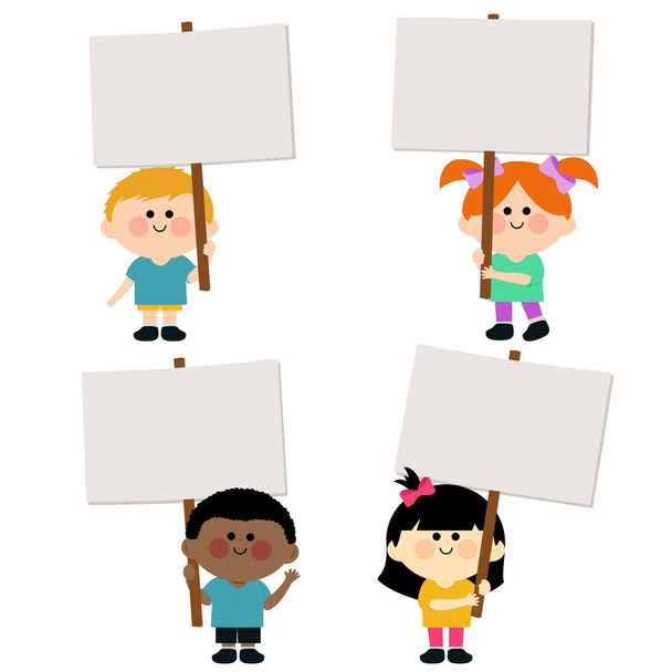 Um grupo diverso feliz de crianças segurando sinais em branco
. - Vetor, Imagem
