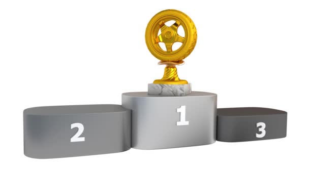 Sport Wheel Gold Silver and Bronze Trophies with Marble Bases Appear on Podium with white background - Footage, Video