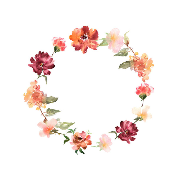 Watercolor wreath with flowers and leaves in circle. Colorful fl - Vektori, kuva