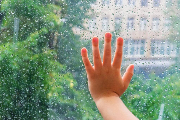 Children's hand on a wet glass with drops. The child outside the window looks at the autumn rain - Foto, imagen