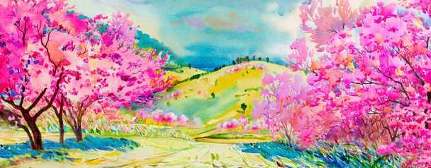 Pintura acuarela paisaje colores rosados de flores de cerezo del Himalaya salvaje y el hogar, colina de montaña en la temporada de primavera. Pintado a mano, cielo azul, fondo de nubes, belleza naturaleza, estación de invierno
. - Foto, Imagen