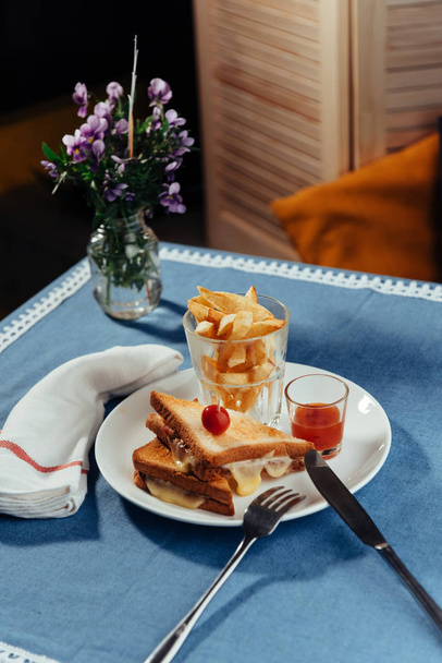 Grilled cheese sandwich and fries. Advertising shooting menu - Photo, image