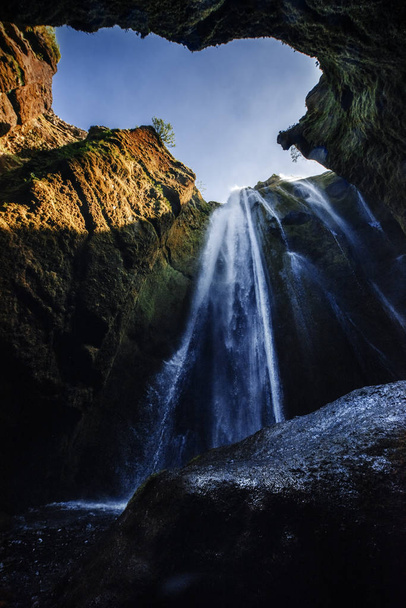 Extreme beautiful waterfall Gljufrafoss, hidden in a gorge in Iceland. - Zdjęcie, obraz