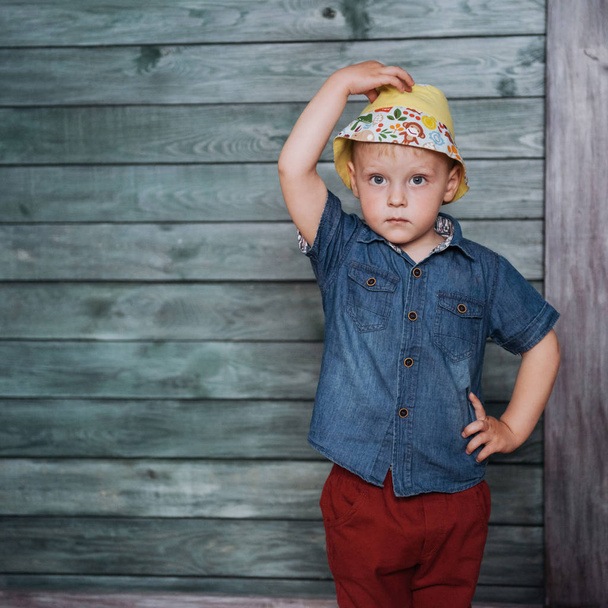 Happy little boy, child in a Panama hat. - Φωτογραφία, εικόνα