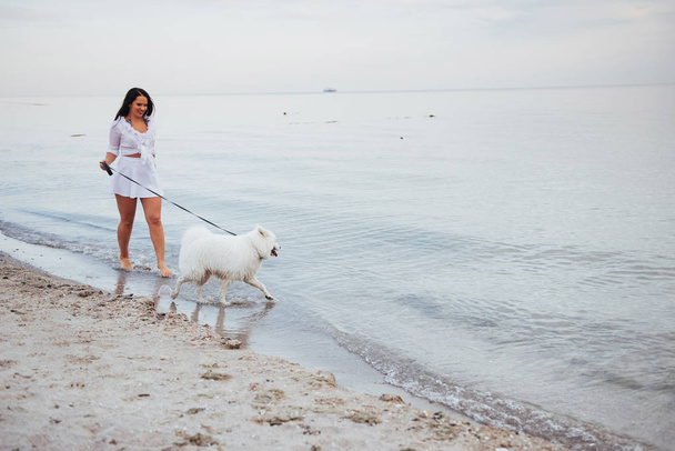 Beautiful brunette woman on the beach with a dog walking. - Foto, imagen