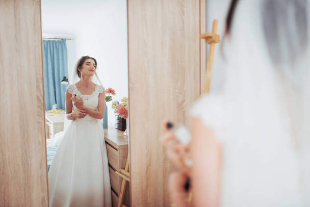 portrait of the happy bride in a dress. Fantastic summer day - Фото, изображение