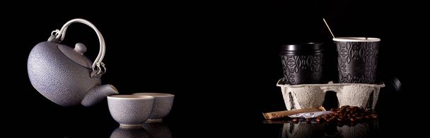 Dva různé způsoby podávané kávy - starý s konvicí a keramické šálky a moderní způsob s papírových kelímků - Fotografie, Obrázek