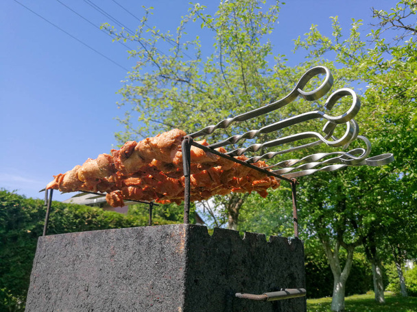 Saslykai ή shashlyk ψήσιμο σε μπάρμπεκιου σχάρα στα κάρβουνα. Παραδοσιακή λιθουανική καλοκαιρινό πιάτο συνηθισμένο; ly στη σχάρα στους κήπους - Φωτογραφία, εικόνα