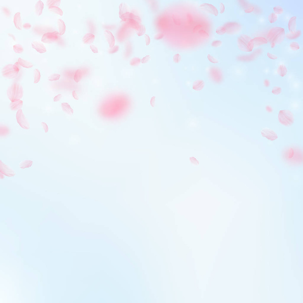 Sakura petals falling down. Romantic pink flowers falling rain. Flying petals on blue sky square bac - Vector, Image