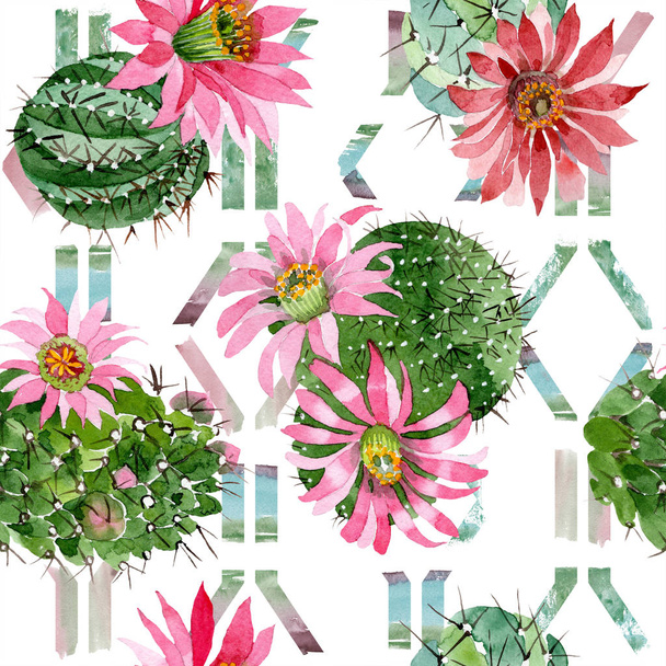 Watercolor green cactus with a pink flower. Floral botanical flower. Seamless background pattern. Fabric wallpaper print texture. Aquarelle wildflower for background, texture, wrapper pattern. - 写真・画像