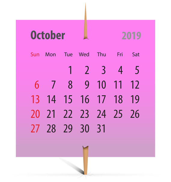 Calendar for October 2019 on a pink sticker attached with toothpick. Vector illustration - Vector, Image