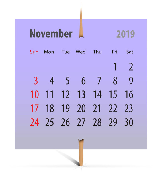 Calendario para noviembre de 2019 en una pegatina violeta con palillo. Ilustración vectorial
 - Vector, imagen