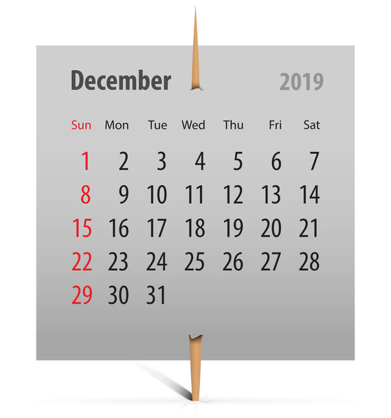 Calendar for December 2019 on a gray sticker attached with toothpick. Vector illustration - Vector, Image