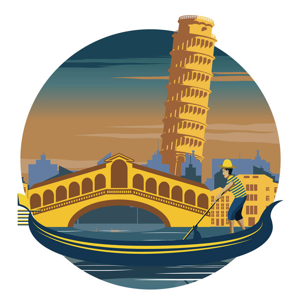 Venetië boot en toren van Pisa. Italië beroemde bezienswaardigheid en symbol.for doek en web design, vintage kleur in cirkel stijl, vectorillustratie - Vector, afbeelding