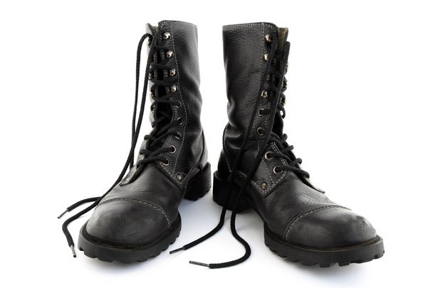 Army style black leather boots with laces - Photo, Image