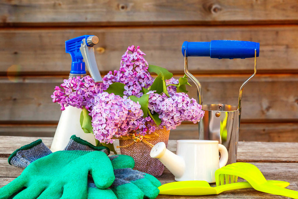Gardening tools, watering can, shovel, spade, pruner, rake, gloves, lilac, lily of the valley flowers on vintage wooden table. Spring or summer in garden, eco, nature, horticulture hobby concept - Fotografie, Obrázek