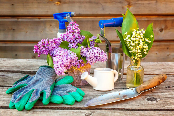 Kertészeti eszközök, locsolókanna, lapát, ásó, pruner, gereblye, kesztyű, lila, gyöngyvirág virág szüreti fából készült asztal. Tavasszal vagy nyáron a kertben, eco, természet, kertészeti hobbi koncepció - Fotó, kép