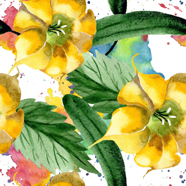 Watercolor brugmansiya yellow flowers. Floral botanical flower. Seamless background pattern. Fabric wallpaper print texture. Aquarelle wildflower for background, texture, wrapper pattern, frame. - Foto, Imagen