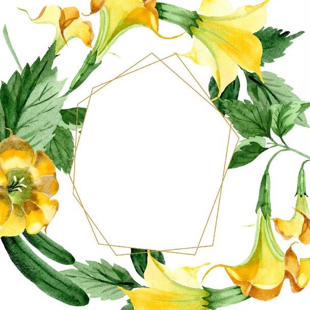Watercolor brugmansiya yellow flowers. Floral botanical flower. Frame border ornament square. Aquarelle wildflower for background, texture, wrapper pattern, frame or border. - Photo, Image