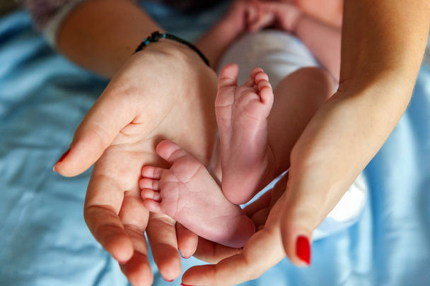 Πόδια μωρού στα χέρια της μητέρας. Μικροσκοπικά πόδια νεογέννητου μωρού σε γυναικείο σχήμα χέρια closeup. Η μαμά και το παιδί της. Οικογενειακή ιδέα. Όμορφη εννοιολογική εικόνα της μητρότητας - Φωτογραφία, εικόνα