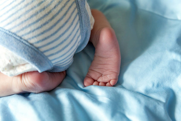 Soft newborn baby feet against a white blanket. Tiny Newborn Baby's feet closeup. Happy Family concept. Beautiful conceptual image of Maternity - Zdjęcie, obraz