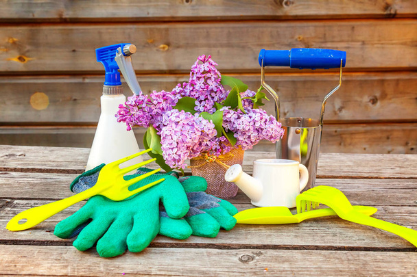 Gardening tools, watering can, shovel, spade, pruner, rake, gloves, lilac, lily of the valley flowers on vintage wooden table. Spring or summer in garden, eco, nature, horticulture hobby concept - Photo, Image