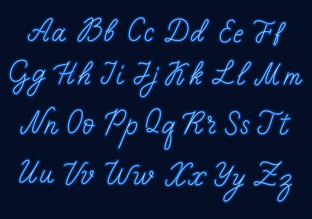 Blue neon script. Uppercase and lowercase letters. - Vector, Image