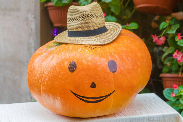 Halloween pumpkin with painted face in a straw hat - Fotoğraf, Görsel
