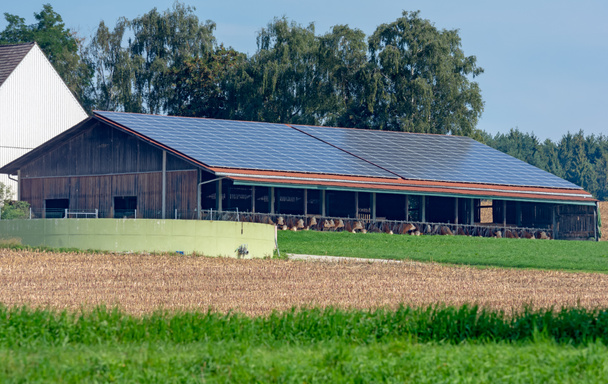 Moderno establo con instalación fotovoltaica en el techo
. - Foto, imagen