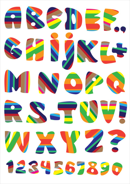 vector multicolor gestripte lettertype instellen met getallen en symbolen - Vector, afbeelding