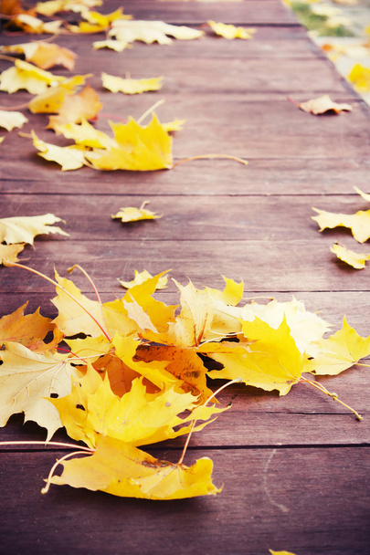 autumnal background with leaves on wooden surface - Foto, Imagen
