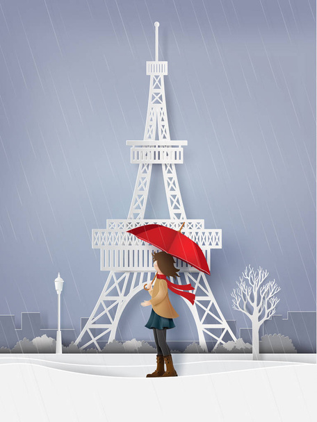 temporada de lluvias con la chica abrir rojo un paraguas, arte de papel y estilo artesanal
. - Vector, imagen