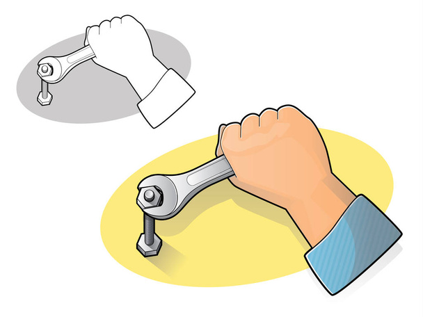 Ilustração de uma mão usando uma chave de extremidade aberta para apertar uma porca
 - Vetor, Imagem