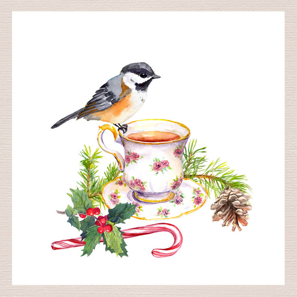 Bird, tea cup, christmas tree branch with cone, candy cane. Tea party card. Watercolor for teatime - Φωτογραφία, εικόνα