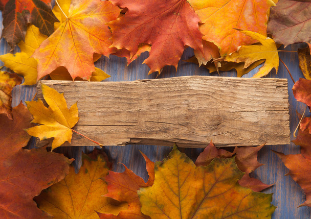 vue surélevée des feuilles d'automne et de l'enseigne sur la table bleue en bois
 - Photo, image