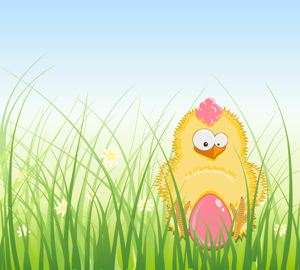 Decorated Easter Egg and Chicken in the Grass - Vector, Image