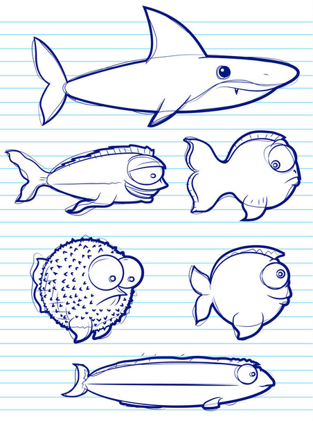 Fische skizzieren Zeichnungen auf Papier - Vektor, Bild