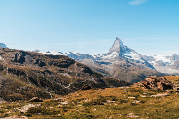 Beautiful mountain landscape with views of the Matterhorn peak in Zermatt, Switzerland. - Фото, изображение