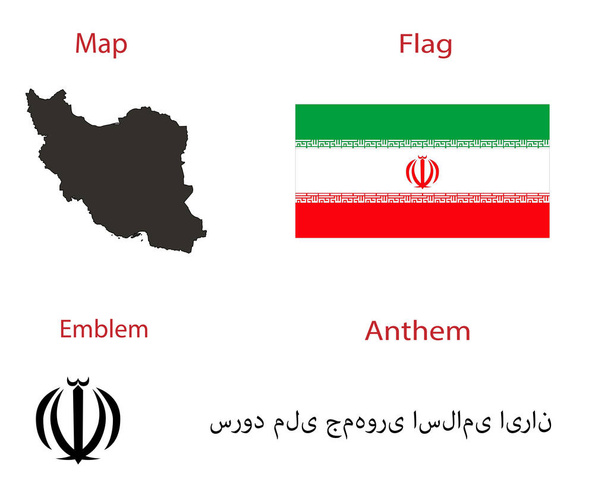 Carácter nacional del país Irán, mapa, bandera, himno y emblema
 - Vector, imagen