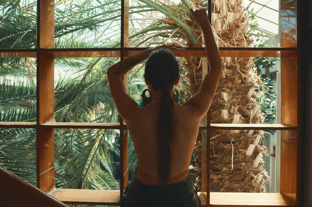 Dream big concept. Back view of woman, bare back with ponytail hairstyle and big circular earrings, looking through a wooden window to a palm tree, holding hands up on the frame. - Foto, Imagen