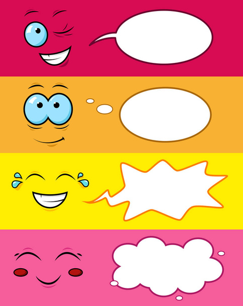 мультфильм улыбается со смешными эмоциями и пузырьками на изолированных цветных фоне
 - Вектор,изображение