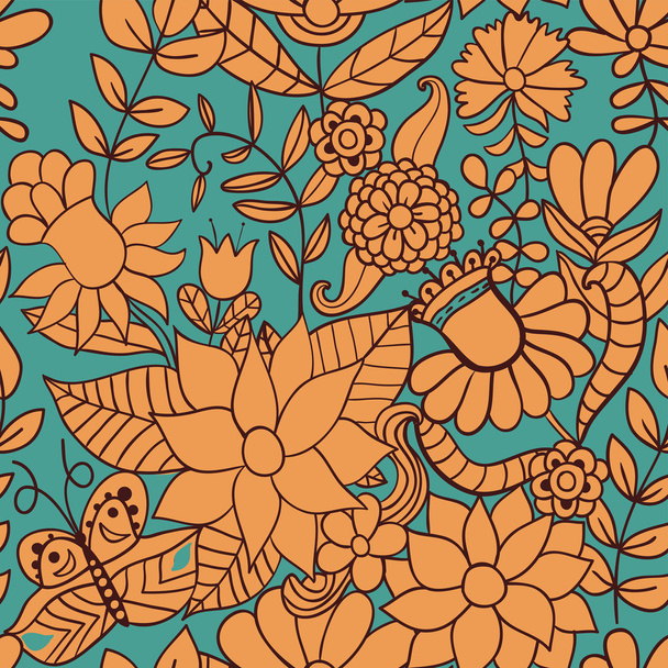 Seamless texture with flowers and butterfly. Endless floral pattern. - Vector, Image