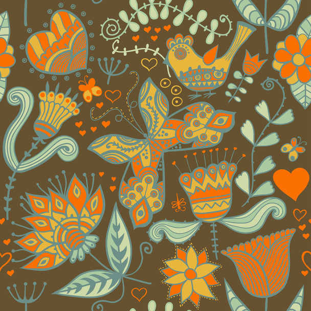 Seamless texture with flower, bird and butterfly. Endless floral pattern. - Vector, Image