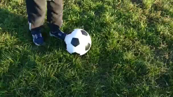 Father and son play ball in the yard football. Game in the green grass. Happy family together in nature. - 映像、動画